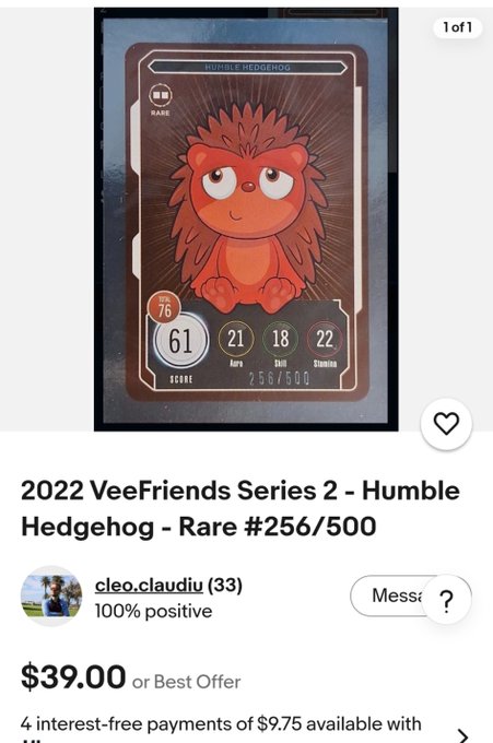 Screenshot of a marketplace listing for a '2022 VeeFriends Series 2 - Humble Hedgehog - Rare #256/500' trading card priced at $39.00, showing a score of 61 and stats including Aura 21, Skill 18, and Stamina 22.