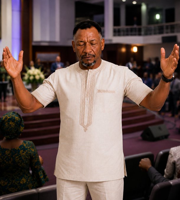 A man in a cream-colored traditional tunic stands with his eyes closed and arms raised in prayer inside what appears to be a church, with other attendees visible in the background.