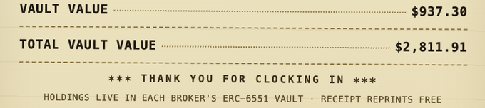 A vintage-style "Thank You for Clocking In" receipt from StonkBrokers displaying a vault value of $937.30 and a total vault value of $2,811.91, with a note that holdings live in each broker's ERC-6551 vault and receipt reprints are free, corresponding to the post about unclaimed August settlements.