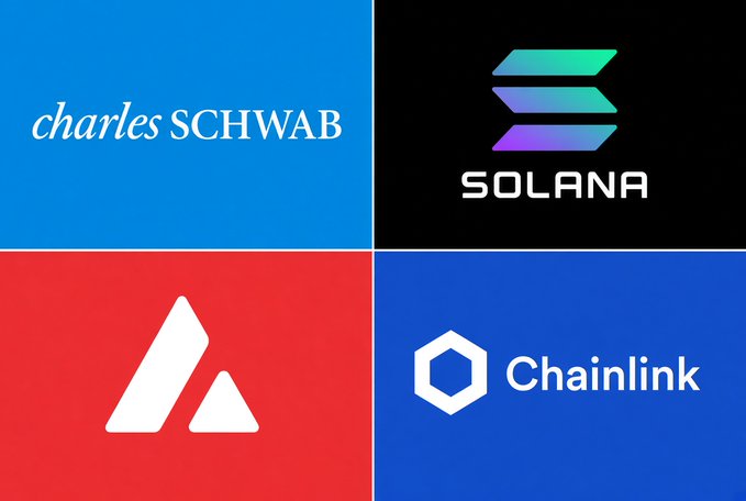 A four-quadrant grid displaying financial and cryptocurrency brand logos: Charles Schwab (blue), Solana (black with gradient logo), Avalanche/AVAX (red with white A symbol), and Chainlink (blue).