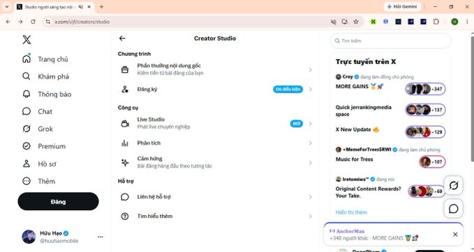 Screenshot of Twitter/X Creator Studio interface in Vietnamese, showing monetization program registration as 'Có điều kiện' (Conditional) and trending accounts like Crov and MORE GAINS.