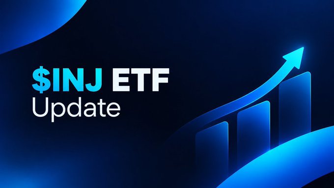 A blue graphic announces a '$INJ ETF Update' alongside a rising bar chart with an upward-pointing arrow.
