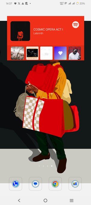 A Spotify widget for "COSMIC OPERA ACT I" by Labrinth is displayed over a phone wallpaper featuring the artwork "EXCESS BAGGAGE," which depicts a figure burdened by large red shopping bags, matching the theme of carrying excessive belongings referenced in the post.