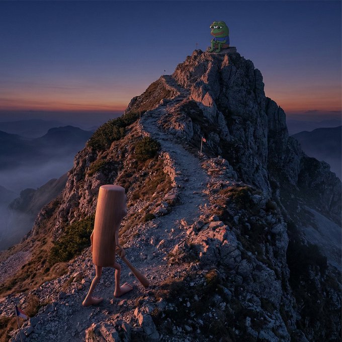 The image features a cartoon character, likely a frog or a gecko, walking up a mountain with a stick in its hand. The character appears to be following a path that leads towards a small hut at the top of the mountain. The background shows a beautiful sunset over the mountains and a foggy landscape, creating an atmospheric setting for the scene. The image also includes text that reads "PEPE spawned in the bad conditions TRIPLET spawned in bad conditions". This suggests that the character might have been created during a time when the weather was unfavorable or there were unusual circumstances surrounding its birth.

The post seems to be discussing the origins of the cartoon character, possibly comparing it to the PEPE character from the game "Pepes spawned in the bad conditions TRIPLET spawned in bad conditions". The image captures the essence of this comparison and adds a unique twist to the original concept of the character.