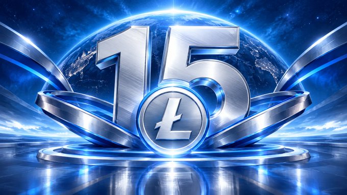 A vibrant digital graphic featuring a metallic silver "15" and a Litecoin (Ł) coin emblem set against a cosmic blue background with swirling ribbons and Earth visible behind.