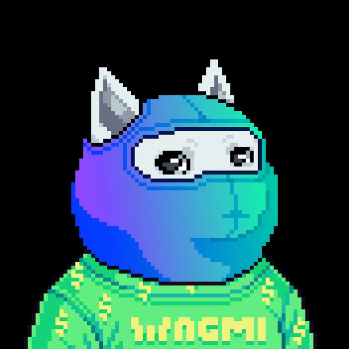 A pixel art illustration of a blue character wearing a green sweatshirt with the text '1/1NGMI' printed across the front.