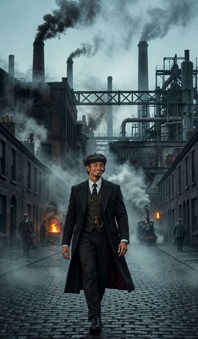 A digitally rendered image of a smiling man in a flat cap and dark overcoat walking down a cobblestone street in an industrial setting filled with smoking chimneys, evoking the style of Peaky Blinders.