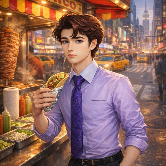 An illustrated portrait of a young man in a purple shirt and tie, holding a wrap sandwich in front of a city street food cart.