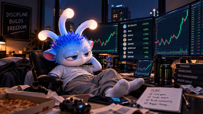 A digital illustration of a cute blue fuzzy character with bunny ears relaxing in a gaming chair surrounded by multiple monitors displaying stock/crypto charts and a 'DISCIPLINE BUILDS FREEDOM' sign.