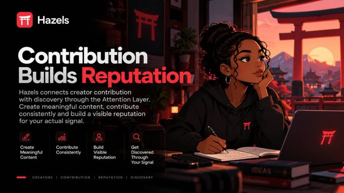 A promotional graphic for 'Hazels' with the tagline 'Contribution Builds Reputation,' featuring an illustrated woman working at a laptop in a Japanese-inspired room with Mount Fuji visible outside.