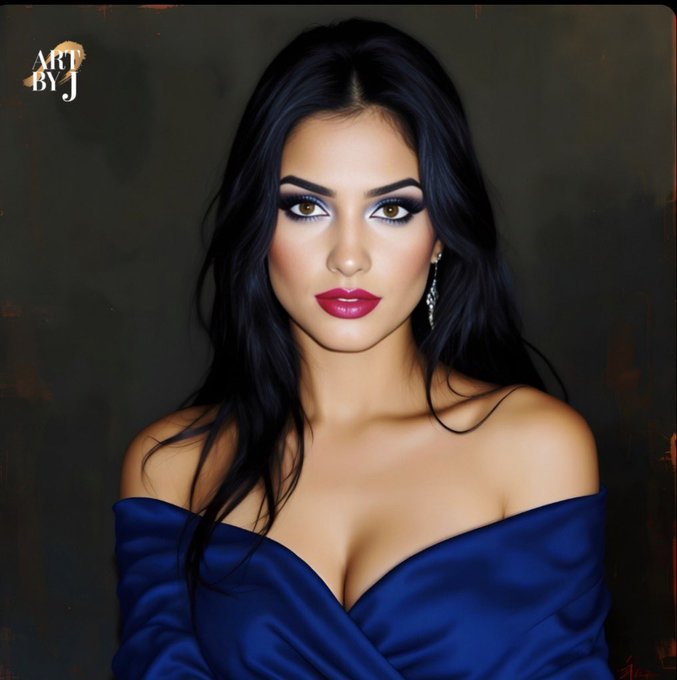 The woman has long hair and is dressed in a blue dress, posing for the camera with a serious expression. She appears to be facing away from the viewer as she looks directly into the camera. The background of the picture is black, which contrasts well with her vibrant blue outfit.