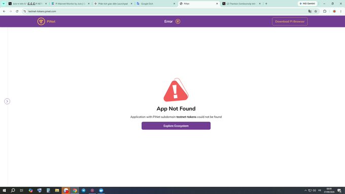 A screenshot of the Pi Network's Launchpad Explorer displays an "App Not Found" error message when users attempt to visit the testnet-tokens.pinet.com domain, indicating that the application associated with this PiNet subdomain cannot be located.