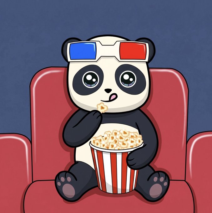 A digital illustration of a cute cartoon panda wearing 3D glasses and eating popcorn from a red and white striped bucket while sitting in a red theater seat.