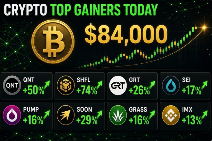 A graphic titled "CRYPTO TOP GAINERS TODAY" featuring a large Bitcoin logo and a price of "$84,000," with a chart showing upward movement and listings of other cryptocurrencies including QNT (+50%), SHFL (+74%), GRT (+26%), SEI (+17%), PUMP (+16%), SOON (+29%), GRASS (+16%), and IMX (+13%).