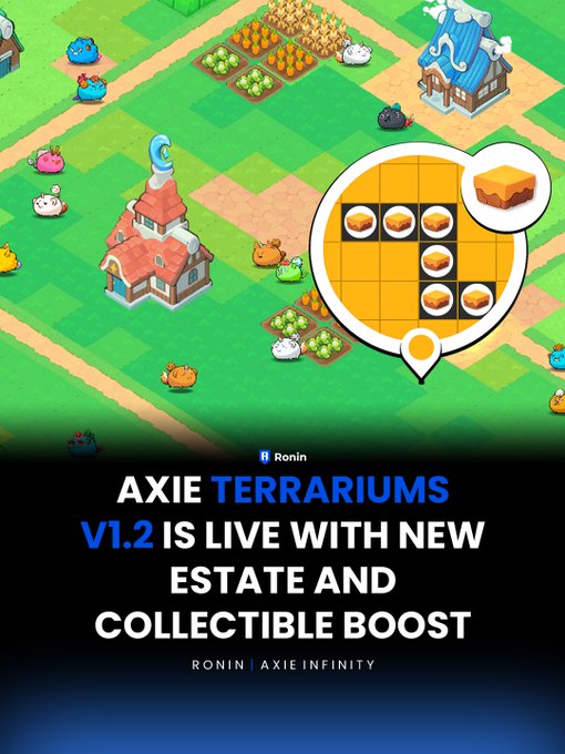A promotional graphic for Axie Infinity's Terrariums V1.2 update shows colorful axies and farm plots on a green estate, with a magnified tile puzzle view of honey/collectibles overlaid. The text reads "AXIE TERRARIUMS V1.2 IS LIVE WITH NEW ESTATE AND COLLECTIBLE BOOST" alongside the Ronin | Axie Infinity logo, highlighting the update's focus on making collectible axies and Land Estates more valuable, as referenced in the post.