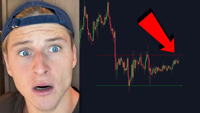 A young man wearing a backwards blue cap looks shocked next to a Bitcoin price chart showing recent consolidation near key resistance, highlighted by a large red arrow pointing to a breakout zone, emphasizing the post's claim that Bitcoin is ready to explode.
