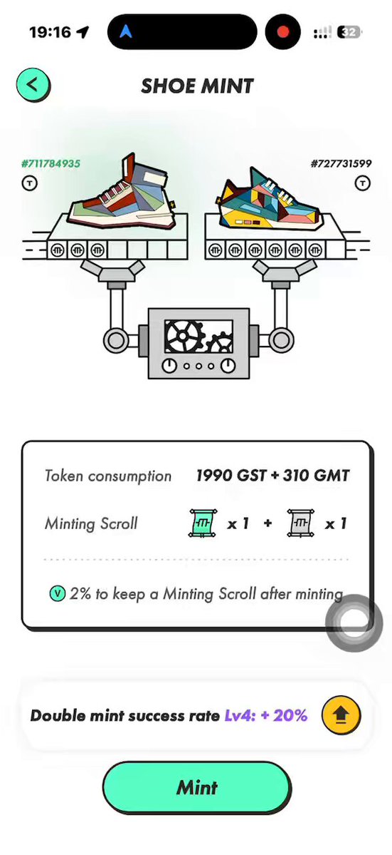 The image shows a white phone screen with an app icon displayed, which appears to be a shoe minting game or application. The main focus of the image is a step-by-step guide for the user to follow while playing the game. The instructions are written in black text on the screen and include details about how to use the app, such as taking a picture of the shoes being minted, entering the time taken for the minting process, and the amount of money paid for the minting service.