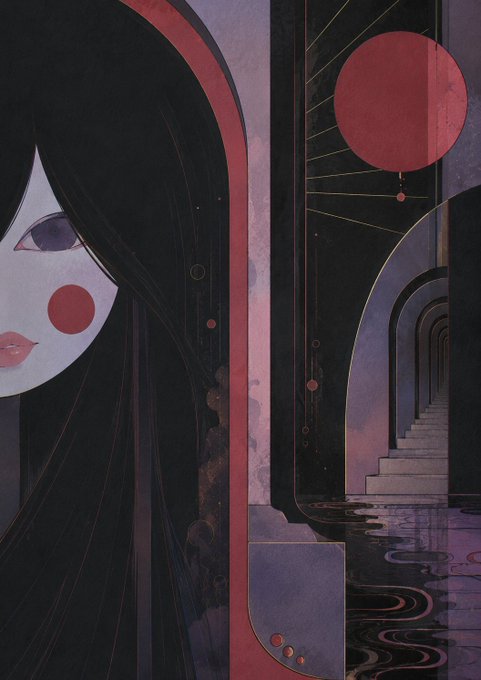 A stylized illustration of a pale-faced woman with long black hair and red cheek markings standing beside a purple archway that reveals a descending staircase.