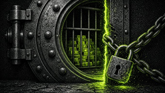 A dark vault door stands open, revealing stacks of green-glowing gold bars inside, secured by a large chain and padlock.