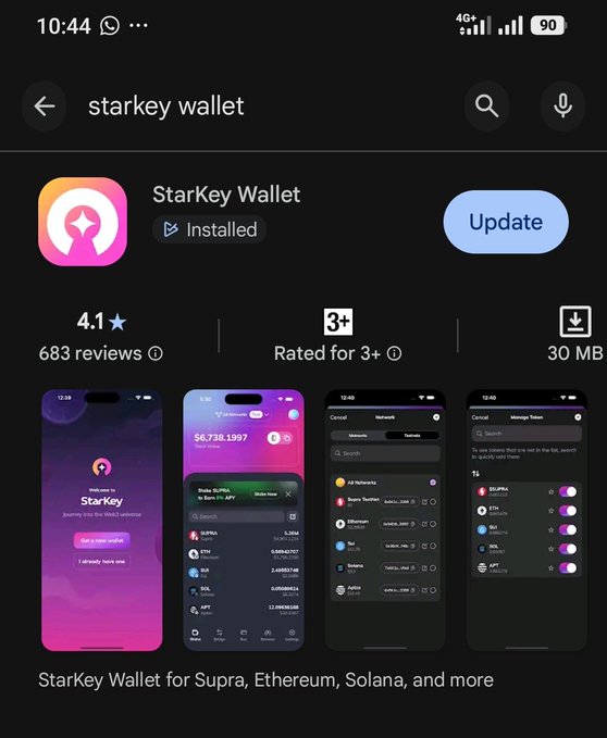 Google Play Store listing for 'StarKey Wallet', showing it is installed with an option to update, rated 4.1 stars with 683 reviews, supporting Supra, Ethereum, Solana, and more.