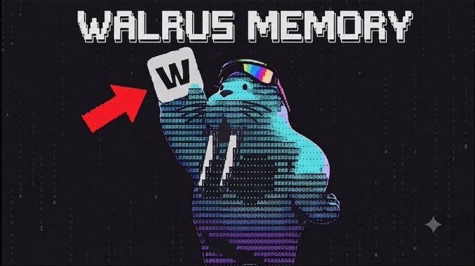 A pixelated walrus wearing sunglasses and a backpack holds up a "W" block with the bold header "WALRUS MEMORY" against a binary-code background, visually representing Walrus Protocol as the memory layer for AI agents referenced in the Khala Research piece.
