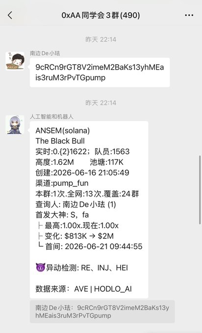 A WeChat group chat screenshot showing an ANSEM bot alert for the Solana token "The Black Bull" (address 9cRCn9rGT8V2imeM2BaKs13yhMEais3ruM3rPvTGpump), which had reached 1.62M market cap with 1563 holders at 22:14, alongside a user sharing the same contract address—matching the post's reference to the token hitting 80M after being shared in the group.