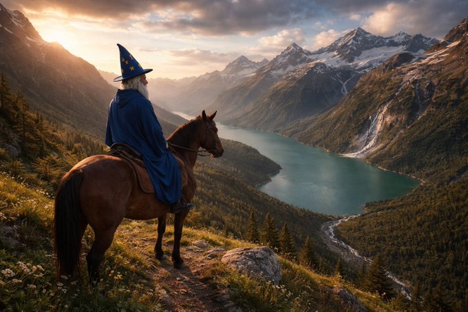 A wizard on horseback overlooks a majestic mountain valley, symbolizing foresight and the long journey ahead. The image ties into the post's message of patience and anticipation, suggesting that great rewards—like Bitcoin reaching $85k+—await those who hold steady through the current "pump" and look toward the horizon.