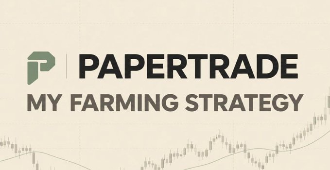 Title card reading 'PAPERTRADE' with a green 'P' logo, above the text 'MY FARMING STRATEGY', set against a beige background with a stock market chart.