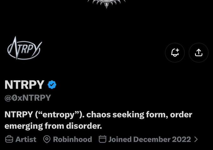 A screenshot of the verified Twitter/X profile for NTRPY (@0xNTRPY), an artist on Robinhood who joined in December 2022, with the bio "entropy" symbolizing "chaos seeking form, order emerging from disorder." The image relates to the post by confirming the NTRPY artist page on Robinhood where the free mint is being offered.