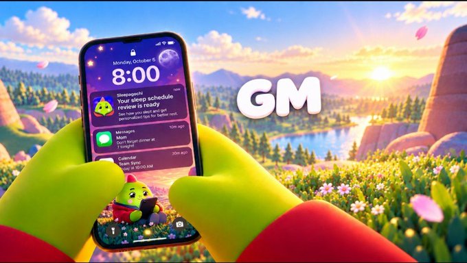 A promotional graphic shows green cartoon hands holding a smartphone displaying a lock screen with notifications, including one about a 'Sleepgachi' sleep schedule review, alongside the letters 'GM' against a vibrant sunset landscape.