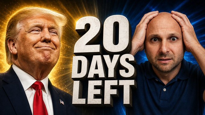 The image features Donald Trump on the left and a distressed man on the right, with large text overlaying them that reads "20 DAYS LEFT," symbolizing impending urgency related to crypto legislation before an August 7th recess.
