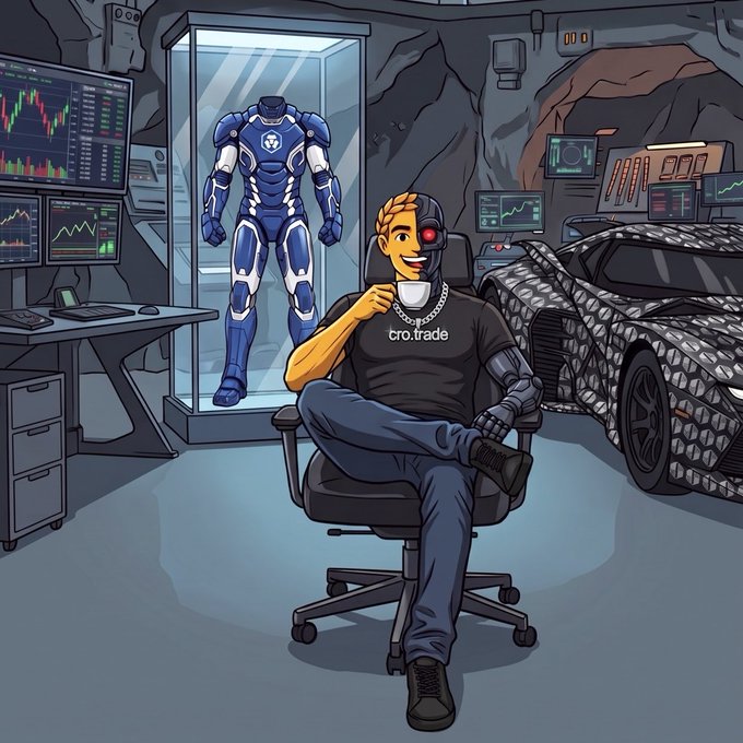 A cyborg figure wearing a "cro.trade" shirt sits confidently in a high-tech lair featuring trading monitors, a $CRONUS-themed armored suit in a display case, and a luxury sports car. The scene visually reinforces the post's promotion of $CRONUS being available on the Crypto.com app.