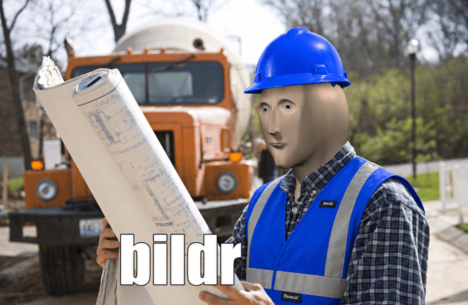 A CGI figure labeled "bildr" wearing a hard hat and safety vest holds blueprints in front of a cement mixer truck, visually representing the "bildr" character mentioned in the caption.