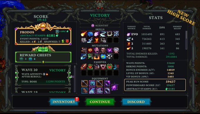 A victory screen from a video game showing the character 'FRODOS' reaching level 10 with a score of 15945, displaying stats including skills, mutations, passives, and equipment on the right side, with buttons for Inventory, Continue, and Discard at the bottom.