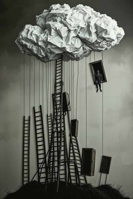 A surreal black and white digital artwork showing a large cloud resembling crumpled paper from which strings hang down to suspended doors and ladders, with a small figure in a suit sitting inside one of the hanging doorways.