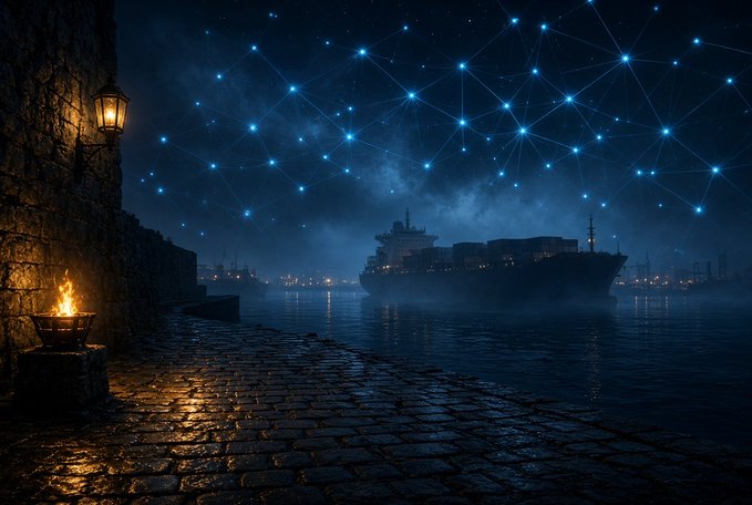 A nighttime harbor scene featuring a large cargo ship on calm water, with a cobblestone pier in the foreground lit by a wall lantern and a flaming brazier, beneath a sky overlaid with a glowing constellation-like network of connected blue nodes.