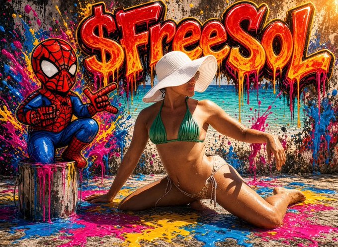 A colorful digital artwork featuring a woman in a bikini and white hat sitting next to a cartoon Spider-Man statue, with the graffiti text '$FreeSol'.