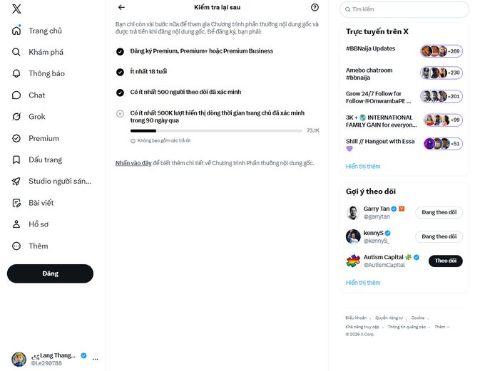 A screenshot of the X (formerly Twitter) desktop interface in Vietnamese, showing the sidebar menu with options like 'Trang chủ', 'Khám phá', and 'Thông báo', a Premium subscription promotion page, and trending topics including '#BBNaija Updates' and 'Grow 24/7 Follow for Follow'.