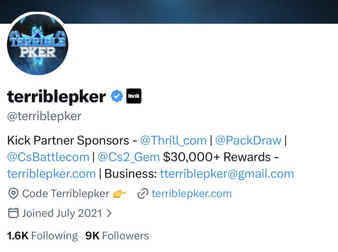 The image shows a Twitter/X profile for "terriblepker" (@terriblepker), a verified gaming content creator sponsored by @Thrill_com, @PackDraw, @CsBattlecom, and @Cs2_Gem, with the profile noting "Joined July 2021" and "9K Followers." The profile's 9K follower count directly connects to the accompanying post, which celebrates reaching 9,000 followers with a $90 giveaway raffle requiring users to retweet and tag @yungreal69 to enter.