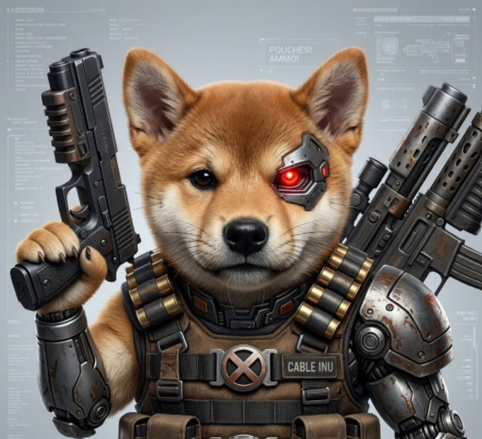 The image features a dog dressed up as a robot, holding two guns in its mouth. The dog's eyes are glowing red, giving it an intense and futuristic appearance. The background of the image includes various technical drawings related to the development or testing of the robot-like creature. This suggests that the image is likely part of a promotional campaign for a new technology or product involving the robot-like animal.
