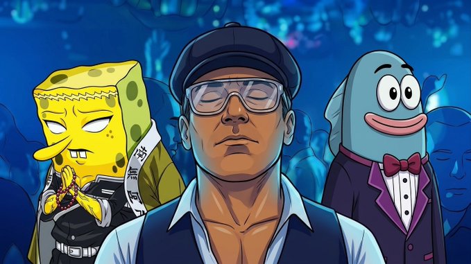 A stylized illustration features a muscular man wearing goggles and a cap in the center, flanked by cartoon characters including SpongeBob SquarePants and a blue fish-like figure, with Japanese text visible.