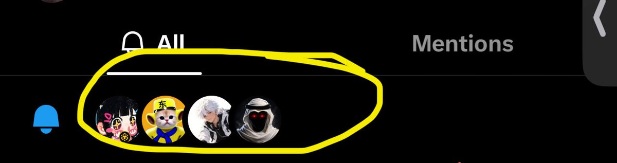 A dark-themed app interface showing a notification icon with the text "All" and "Mentions", with a row of four circular profile pictures circled in yellow highlighter.