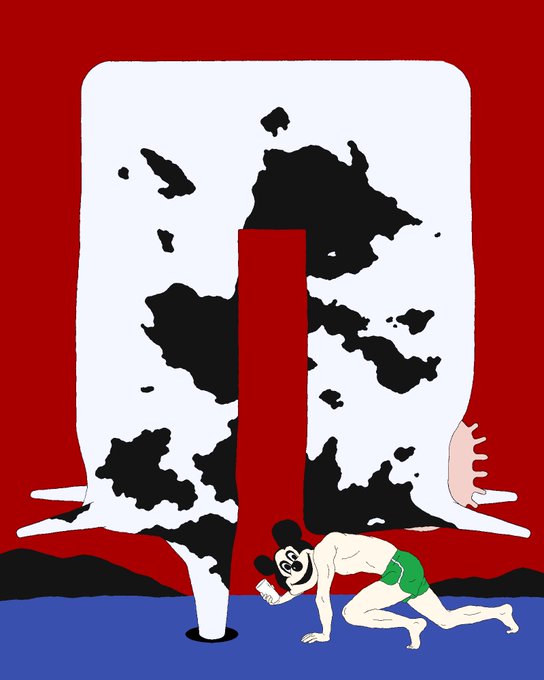 A cartoon illustration shows a character resembling Mickey Mouse emerging from a red, white, and black hole, with a pink character in the background.