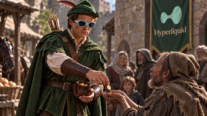 A man dressed as Robin Hood gives gold coins to a beggar in a medieval village square, while a green "Hyperliquid" banner hangs in the background. The scene symbolizes extracting value from Solana, Robinhood Chain, and Arc Chain and bridging it back to the HyperEVM ecosystem.