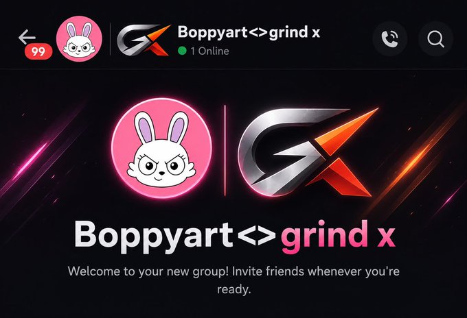 A chat screen showing a new group titled "Boppyart<>grind x" with 1 member online, featuring a white bunny logo beside the GrindX logo, announcing a free mint collaboration between Boppyart and GrindX on the ETH chain, with a raffle for GrindX members noted in the message.