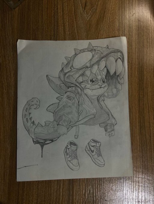 A pencil sketch on lined paper showing a creature in a spiked hoodie with sharp teeth and claws, drawn next to a pair of sneakers, likely a fan art entry featuring a Pawffle NFT-inspired character. No text, numbers, or names are visible within the drawing itself.