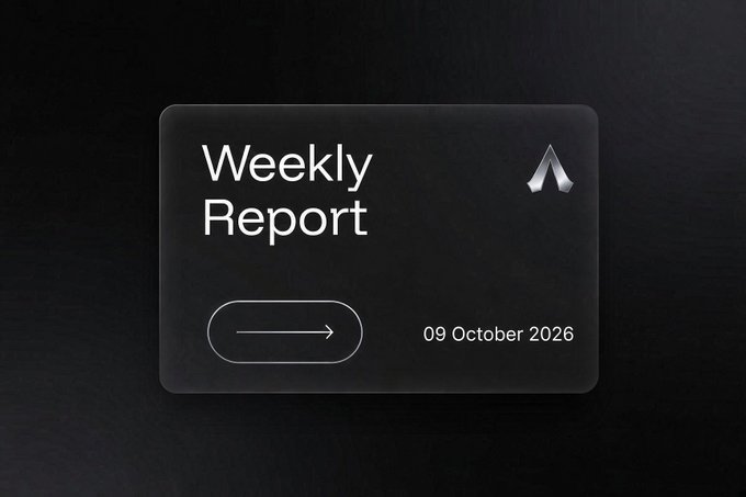 A dark 'Weekly Report' graphic card dated 09 October 2026 with a small metallic logo in the upper right and an arrow button design.