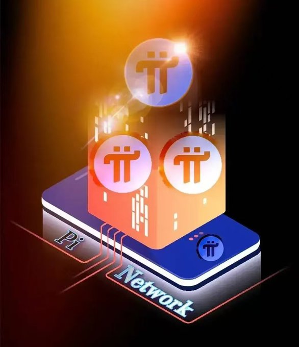 A stylized 3D digital illustration shows Pi Network (π) tokens on a smartphone-like base, with the words "Pi" and "Network" labeled.