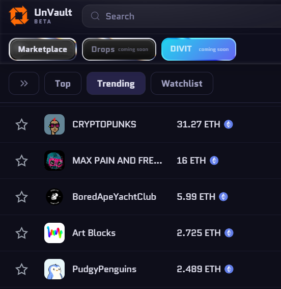 The UnVault BETA marketplace lists trending NFT collections including CRYPTOPUNKS at “31.27 ETH,” “MAX PAIN AND FRE…,” “BoredApeYachtClub,” “Art Blocks,” and “PudgyPenguins.”