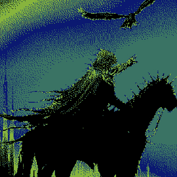 A pixelated, atmospheric image showing a shadowy figure on horseback pointing forward, with a bird flying overhead, rendered in dark blues, greens, and blacks reminiscent of Shadow of the Colossus.